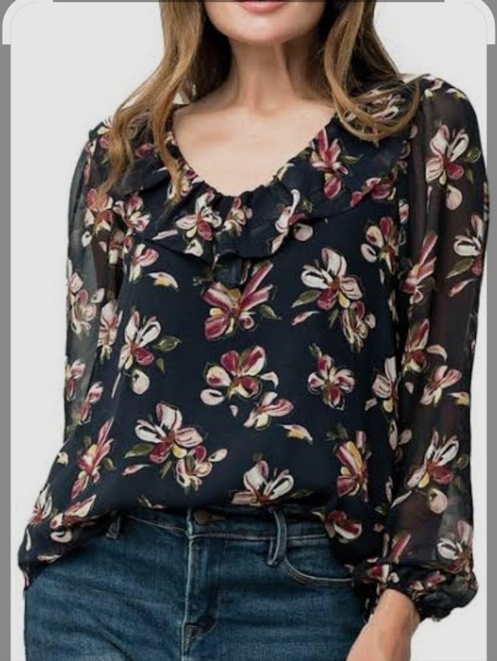 Gibsonlook Floral Ruffle Neck Long-Sleeve Blouse